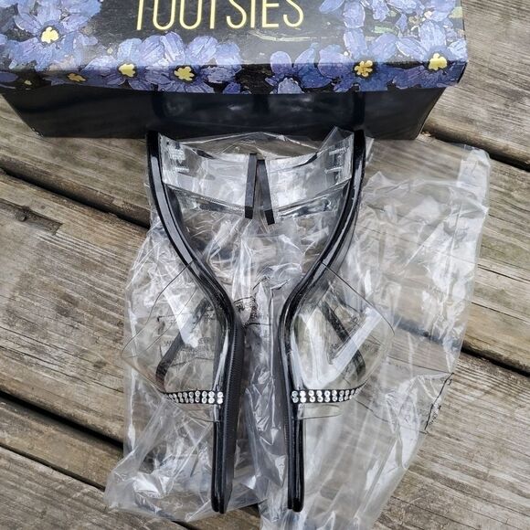 Vintage 90s Y2K Lucite Rhinestone Rachel Green Square Toe Chunky Heel Sandals - Picture 2 of 9